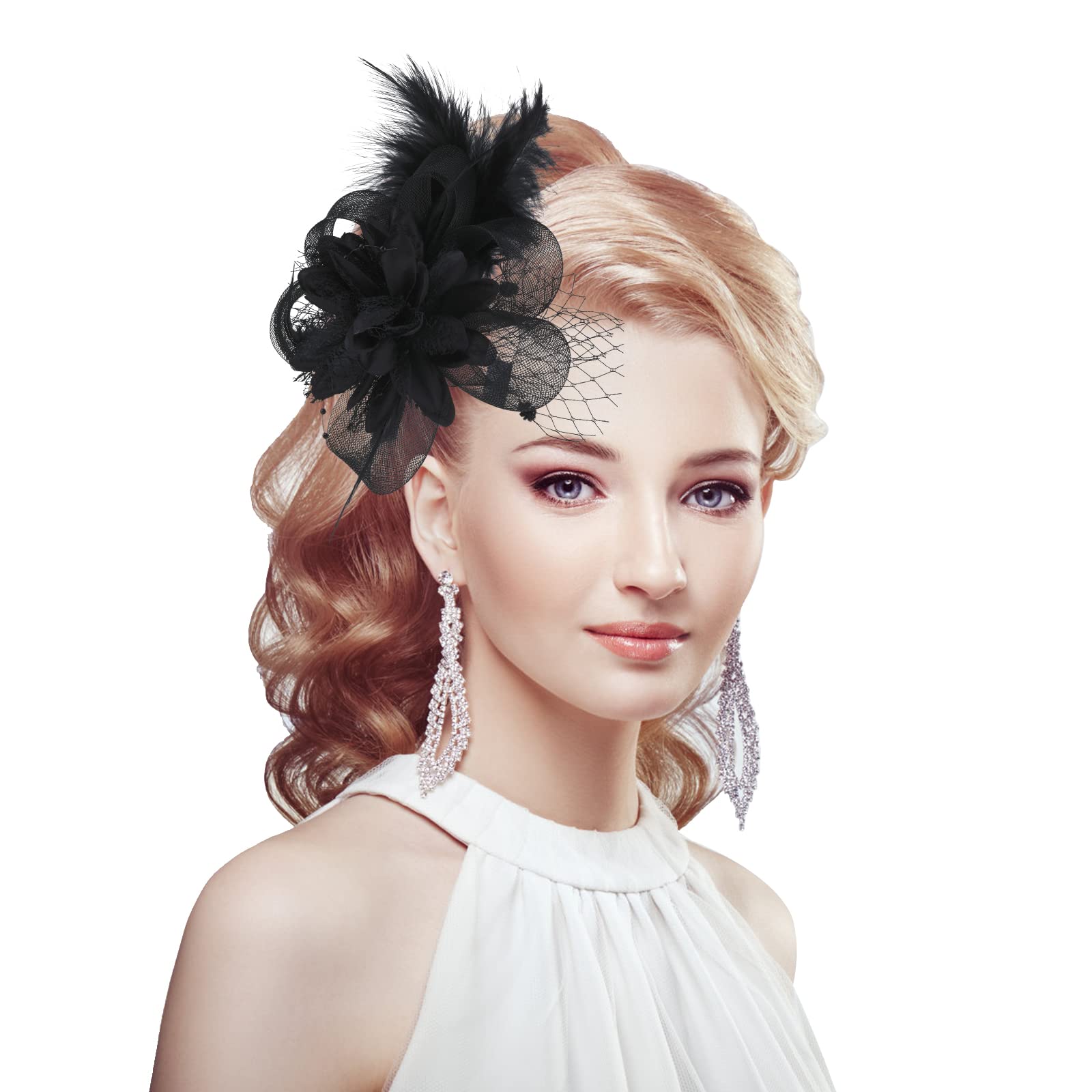 Feather Fascinators Hat for Women Wedding Headwear Flower Cocktail Church Derby Hat for Girls and Women Black