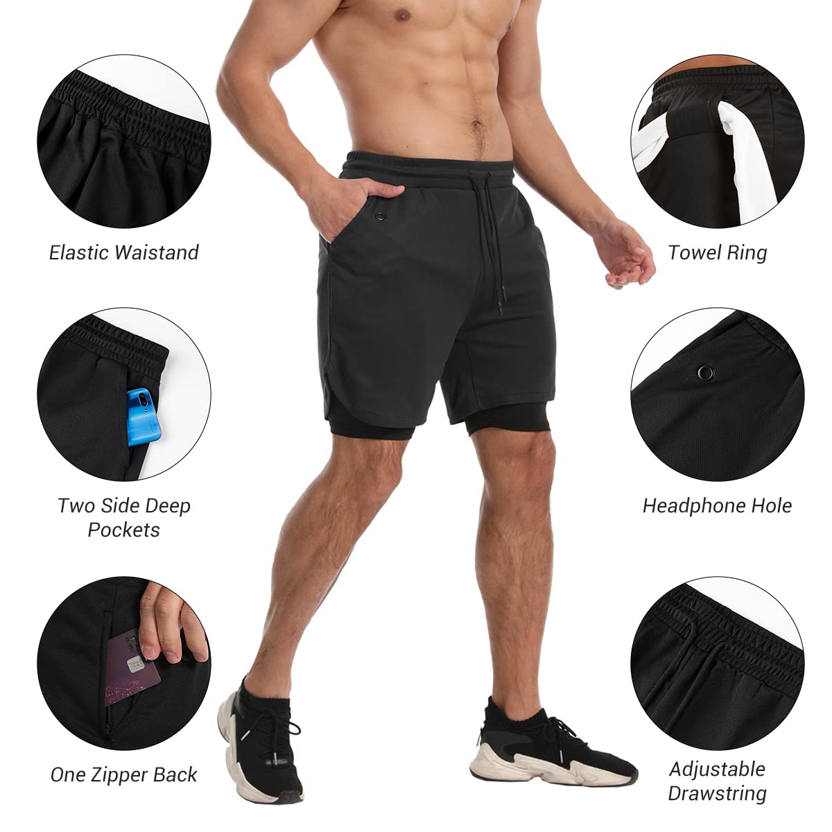 KLINNFENR Mens 2 in 1 Gym Running Shorts 7 inch Lightweight Athletic Workout Clothes for Men Quick-Dry Shorts with Zipper Pockets,Black L