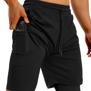 KLINNFENR Mens 2 in 1 Gym Running Shorts 7 inch Lightweight Athletic Workout Clothes for Men Quick-Dry Shorts with Zipper Pockets,Black L