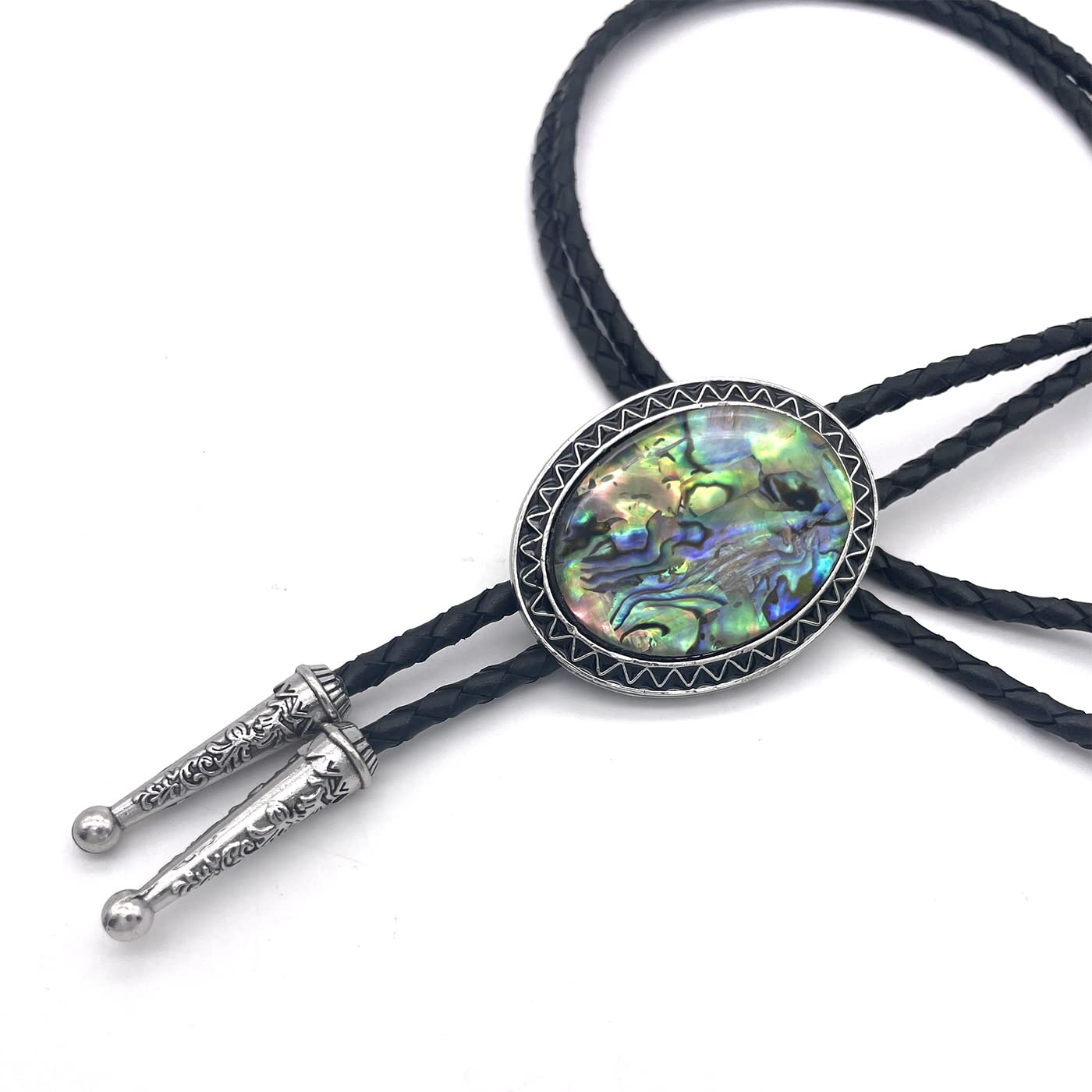 QUKE Abalone shell Pattern Bolo Tie Native Western Cowboy Genunie Leather Bola Tie Necktie for Men Women