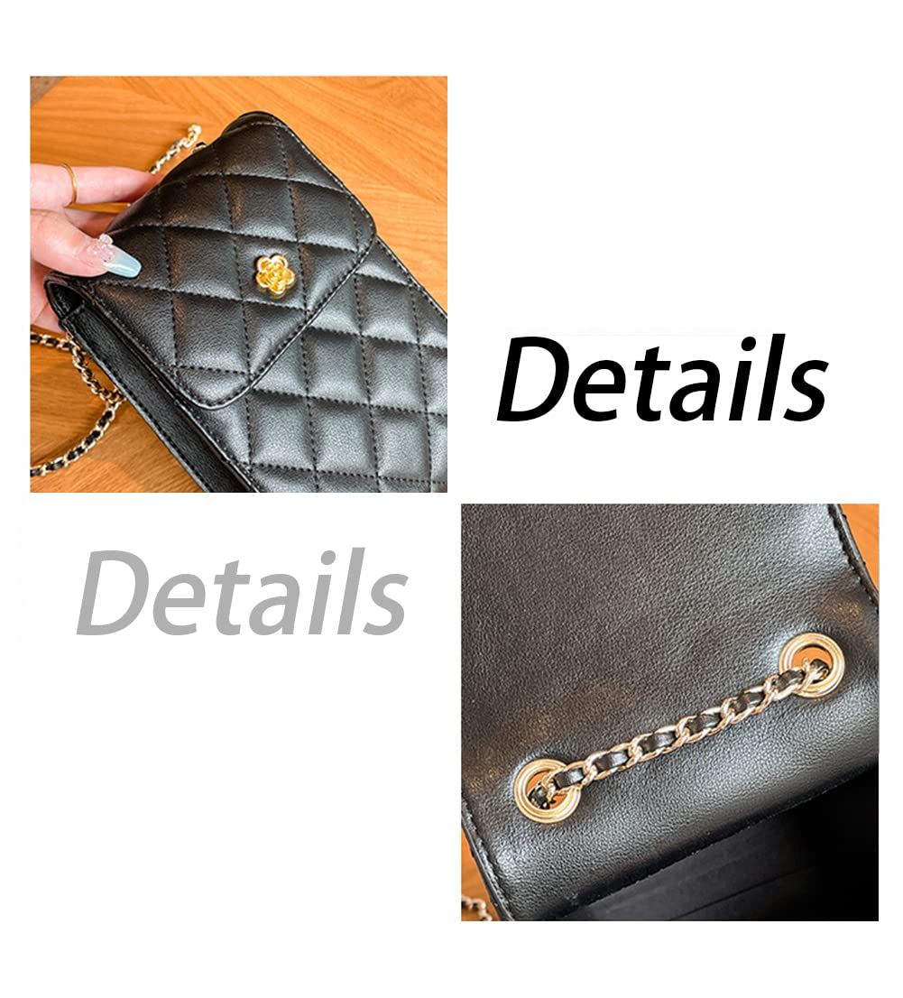 Women Quilted Square Flap Shoulder Bag Fancy Chain Strap Clutch Purse Cross-body Satchel Handbag (Black)