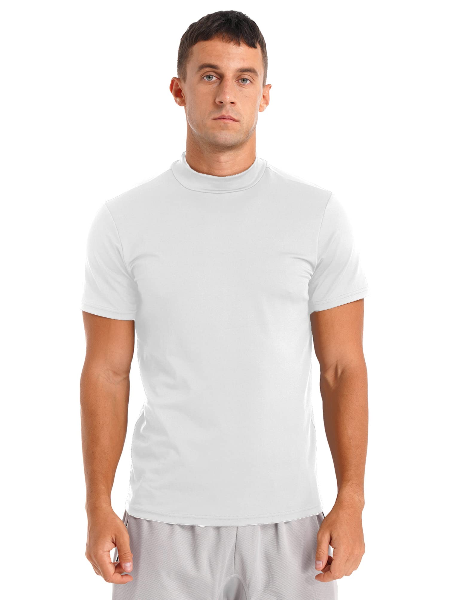 Aislor Men's Basic Shirt Tops Short Sleeve Mock Neck T-Shirts Thermal Underwear Pullovers Undershirt White A X-Large