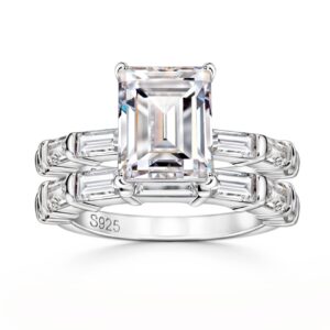 Michooyel S925 4ct Emerald Cut 2 in1 Engagement Wedding Ring Sets Baguette Wedding Ring Band Cubic Zirconia Sterling Silver Promise Ring For Women Women Ladies