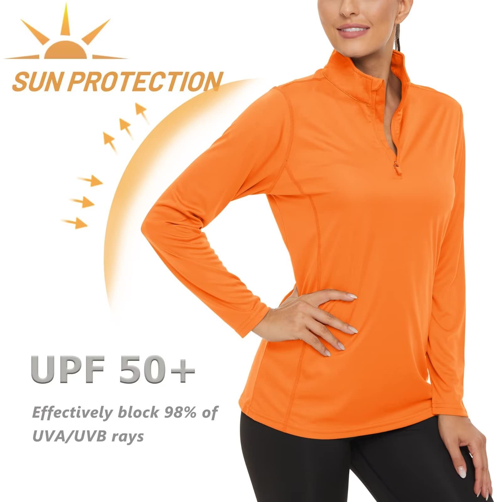 KEFITEVD Hiking Clothes for Women UV Sun Protection Shirts 1/4 Zip Pullover Athletic Tops Orange Running Shirts Long Sleeve Fishing Shirt Women