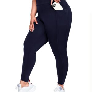 Happy.angel Plus Size Leggings with Pockets for Women, High Waisted Capri Yoga Workout Pants Cropped Tights Navy Blue 4X-Large