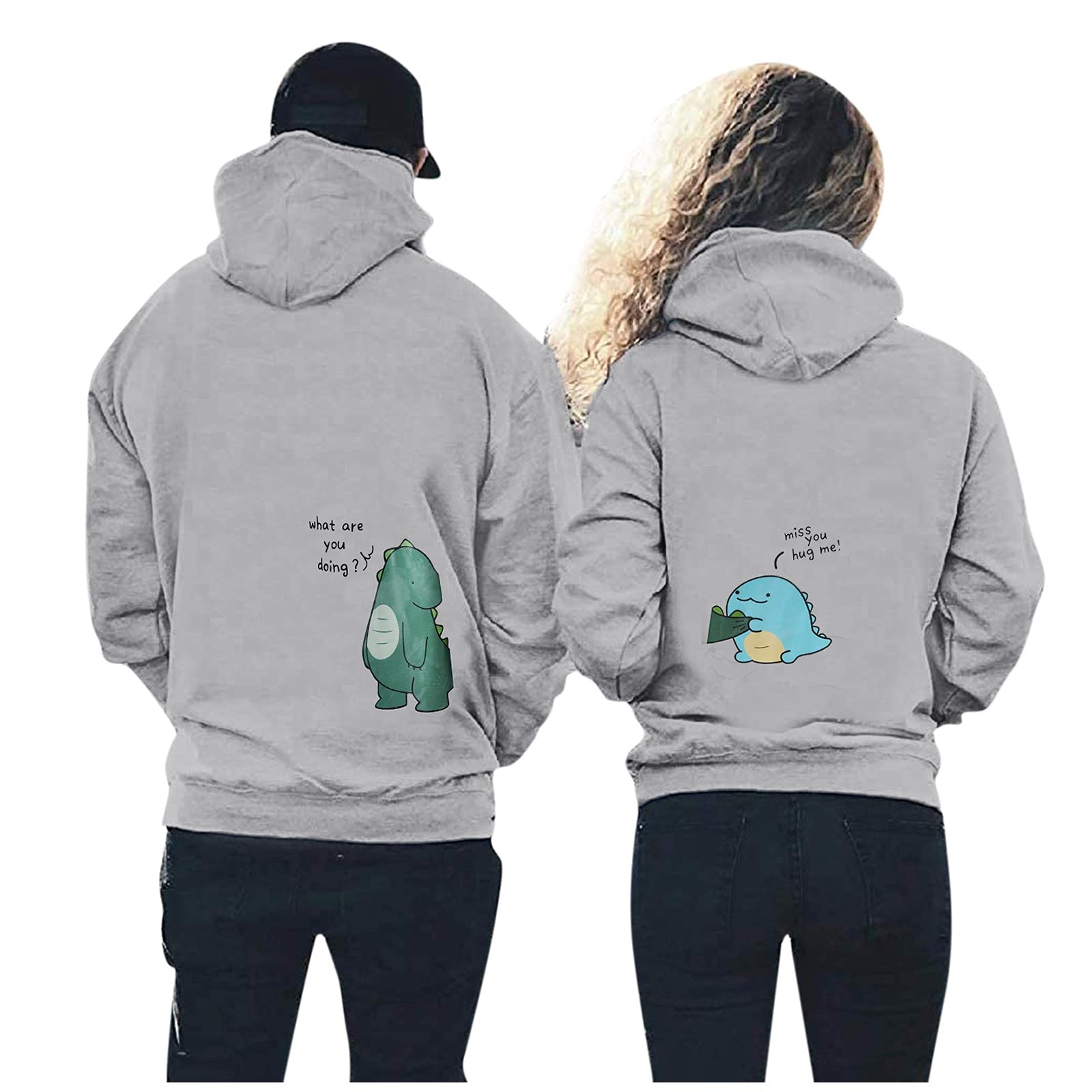 QNIHDRIZ Graphic Sweatshirts Matching Couple Sweatshirt Custom Cute Dinosaur Couple Hoodie for Boyfriend Birthdays Gift Grey