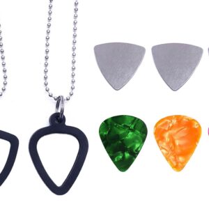 TUOREN 2 Set Guitar Pick Holder Necklace with 3pcs Stainless Steel Picks 3 Colorful Celluloid Pick for Electric Guitar Bass Ukulele Guitarists Picks Storage Necklace