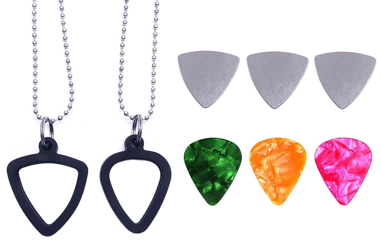 TUOREN 2 Set Guitar Pick Holder Necklace with 3pcs Stainless Steel Picks 3 Colorful Celluloid Pick for Electric Guitar Bass Ukulele Guitarists Picks Storage Necklace