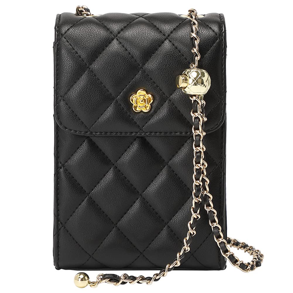 Women Quilted Square Flap Shoulder Bag Fancy Chain Strap Clutch Purse Cross-body Satchel Handbag (Black)