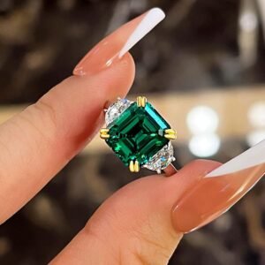 Effinny 4.5ct Women's Two-Tone Emerald Engagement Ring,Asscher Cut Green Paraiba Tourmaline Three Stone Promise Ring in 925 Sterling Silver(Size:4.5)