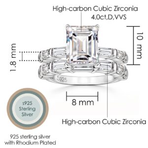 Michooyel S925 4ct Emerald Cut 2 in1 Engagement Wedding Ring Sets Baguette Wedding Ring Band Cubic Zirconia Sterling Silver Promise Ring For Women Women Ladies