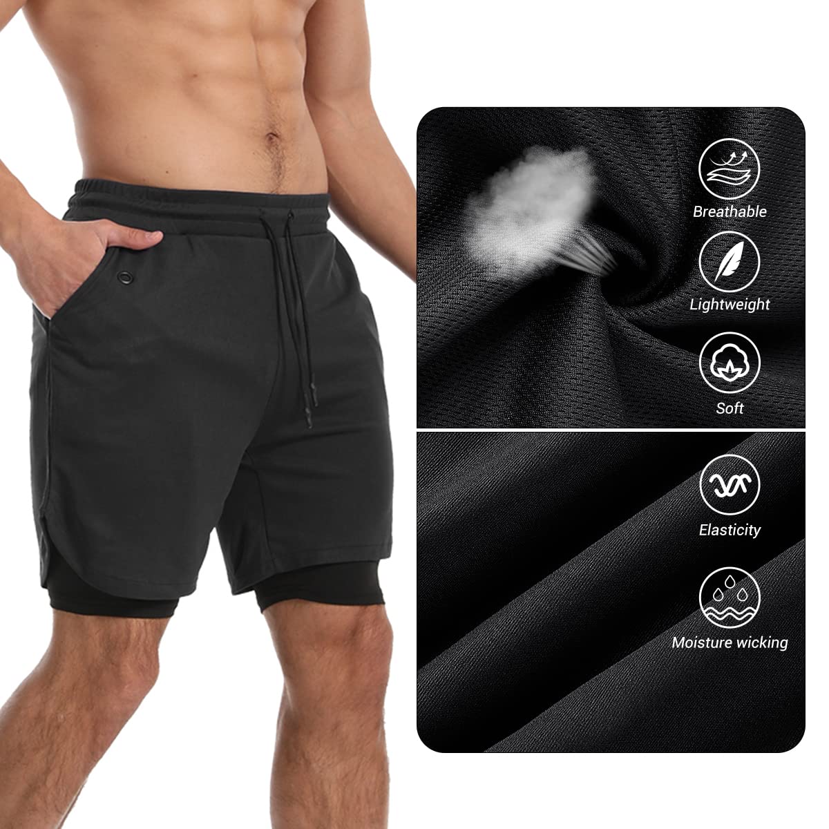 KLINNFENR Mens 2 in 1 Gym Running Shorts 7 inch Lightweight Athletic Workout Clothes for Men Quick-Dry Shorts with Zipper Pockets,Black L