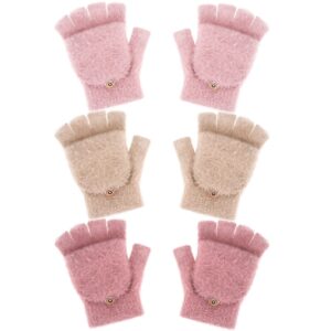 3 pack fingerless gloves women flip gloves warm winter convertible mittens for women thermal gloves fuzzy half fingerless mittens (beige, pink, red)