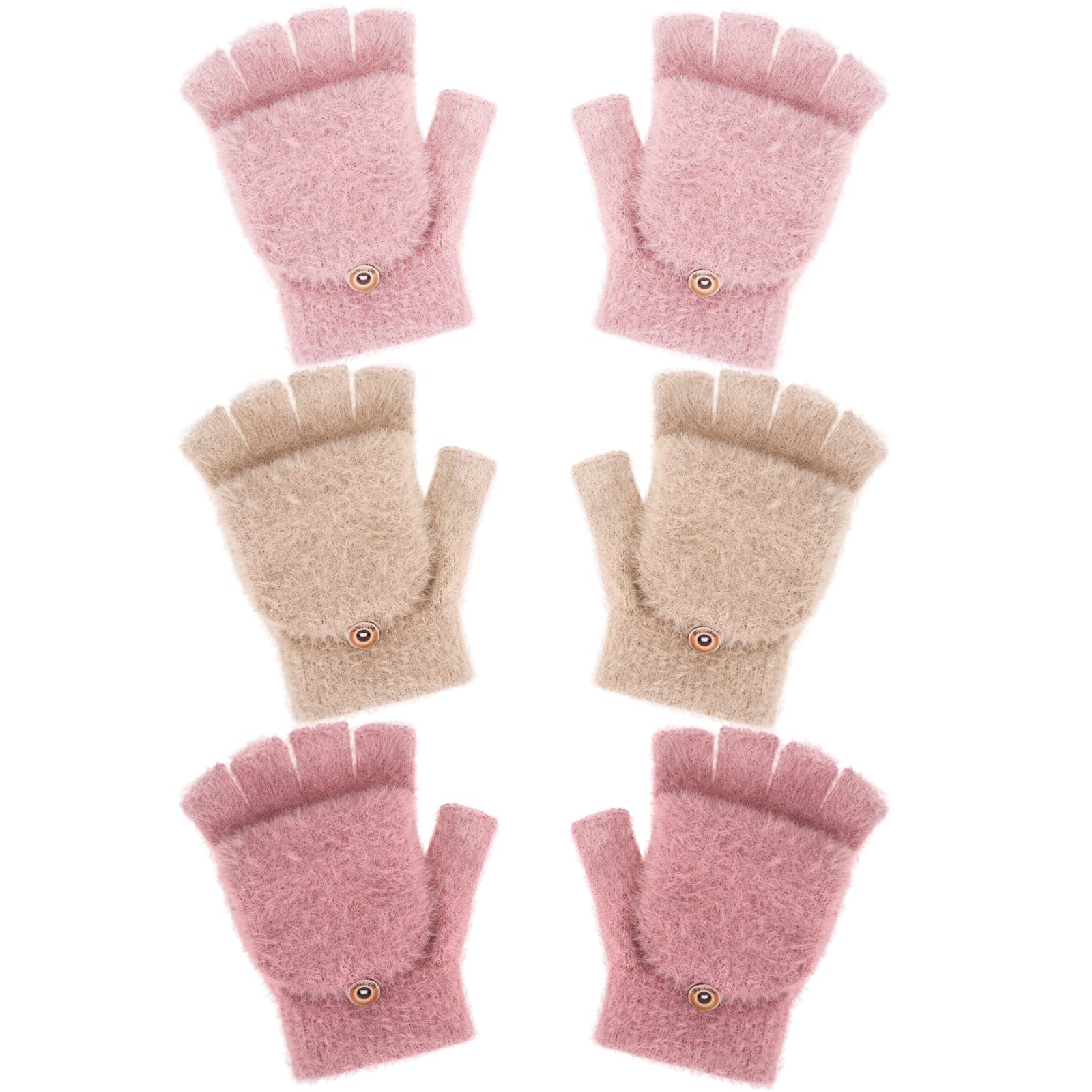 3 Pack Fingerless Gloves Women Flip Gloves Warm Winter Convertible Mittens for Women Thermal Gloves Fuzzy Half Fingerless Mittens (Beige, Pink, Red)