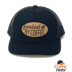 CRAVE HATS Fueled by Coffee Trucker Hat, Coffee Lover Gift, Coffee Gift for Men & Women (Black/Black)