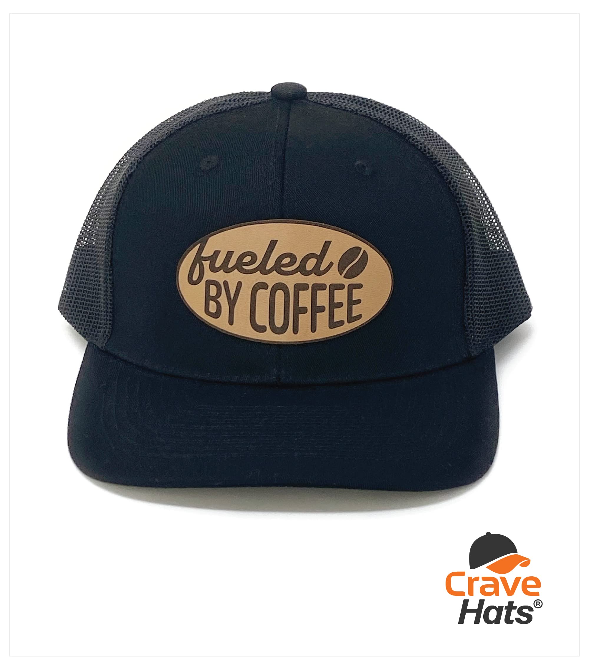 CRAVE HATS Fueled by Coffee Trucker Hat, Coffee Lover Gift, Coffee Gift for Men & Women (Black/Black)