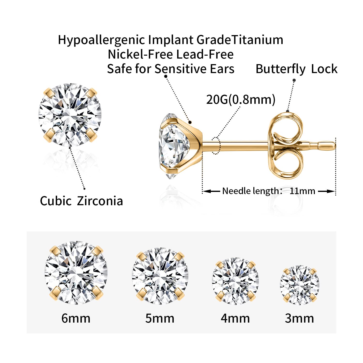 1 Pair Implant Grade Titanium Stud Earrings Set Hypoallergenic 5mm Cubic Zirconia Silver Earrings for Women Men for Sensitive Ear