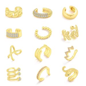 ALYXUY Gold Ear Cuff Non Piercing For Women, 14K Gold Plated Hypoallergenic Huggie Cross Ear Cuff Earrings（12pcs) (KC010-2)