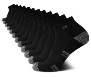 calvin klein men's quarter socks - 12 pack soft cushioned athletic ankle socks for men - breathable men's sports socks, size 7-12, black ck