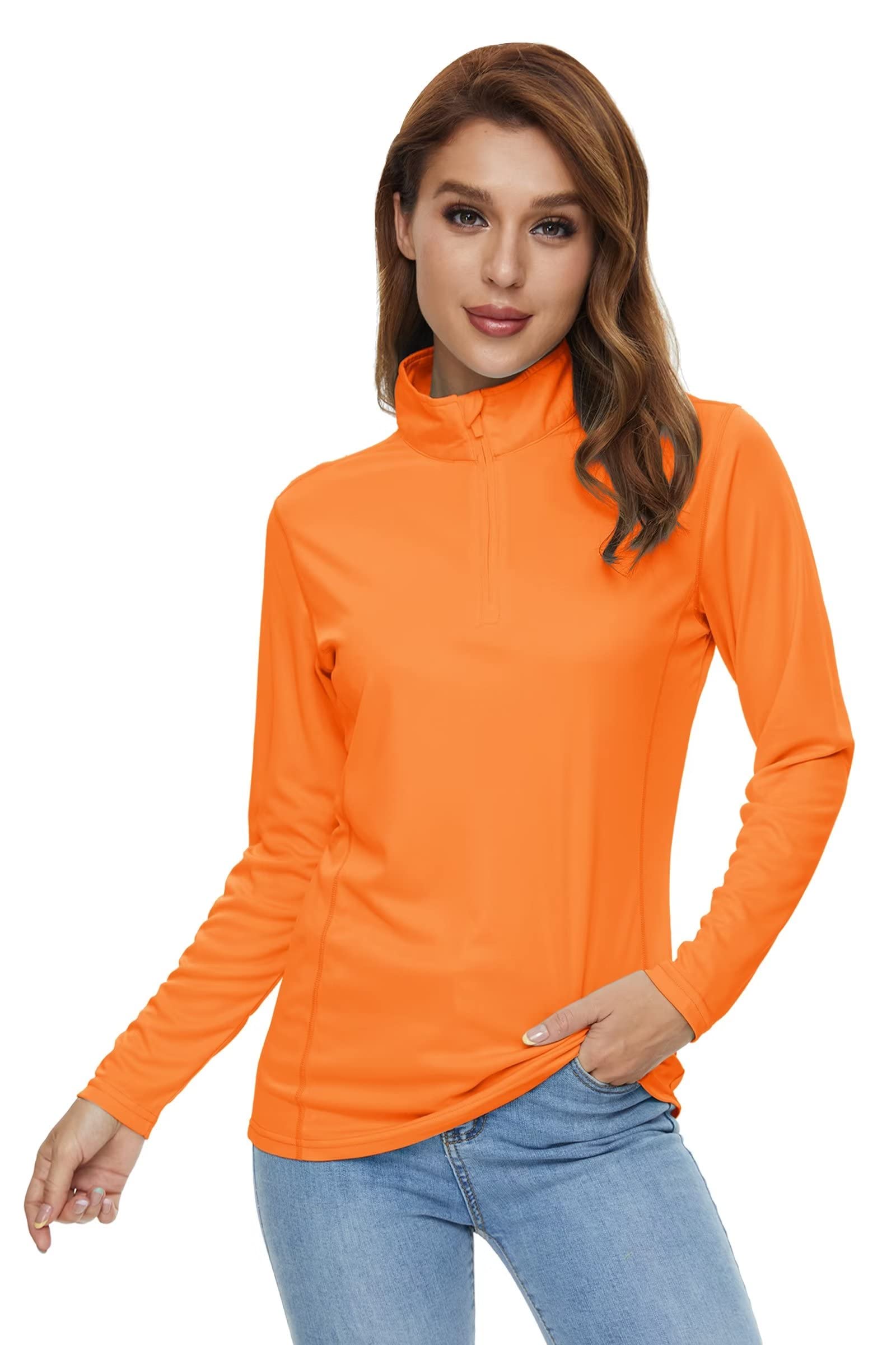 KEFITEVD Hiking Clothes for Women UV Sun Protection Shirts 1/4 Zip Pullover Athletic Tops Orange Running Shirts Long Sleeve Fishing Shirt Women