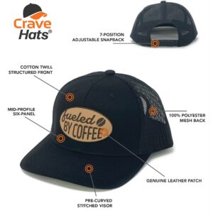 CRAVE HATS Fueled by Coffee Trucker Hat, Coffee Lover Gift, Coffee Gift for Men & Women (Black/Black)