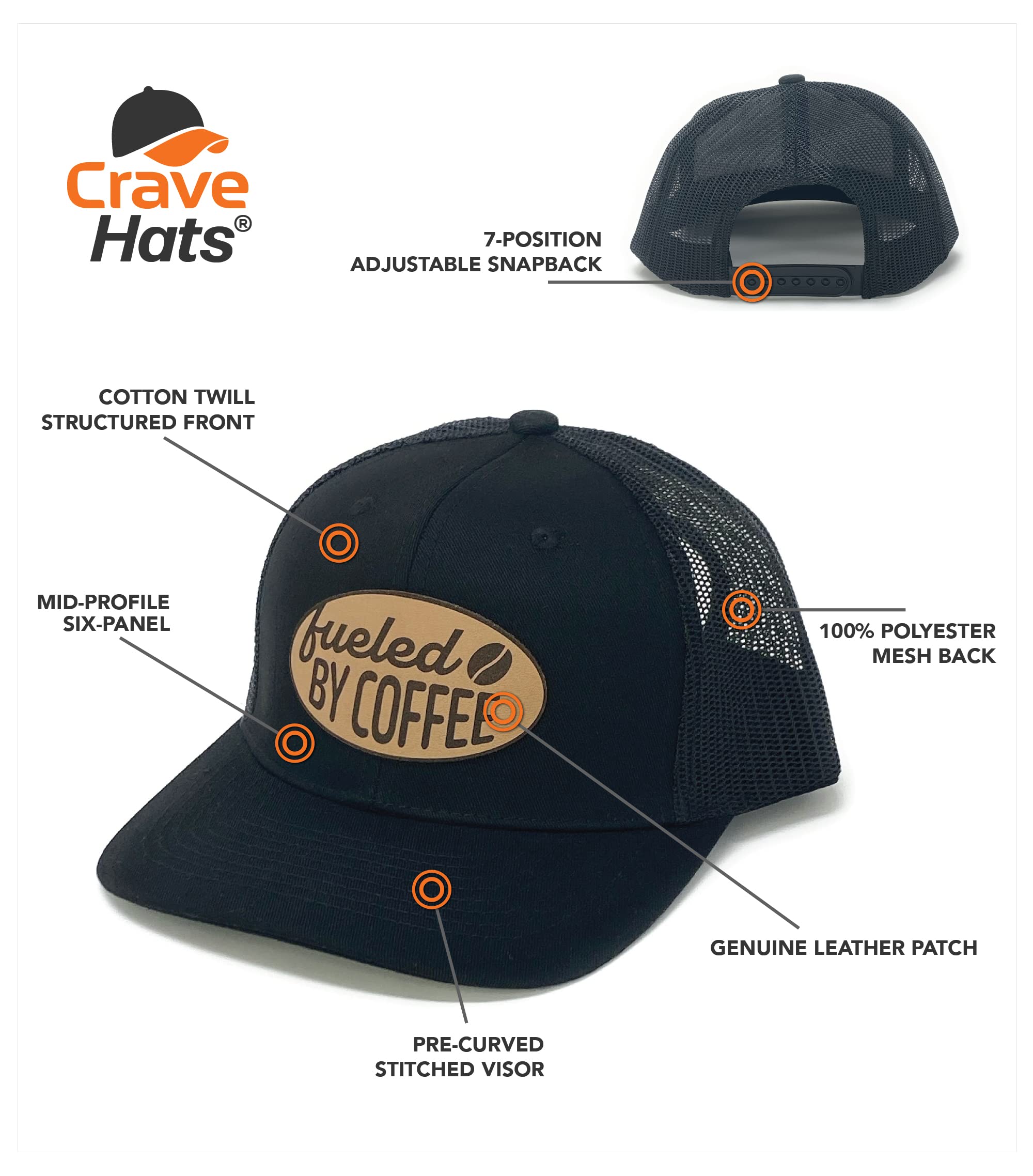 CRAVE HATS Fueled by Coffee Trucker Hat, Coffee Lover Gift, Coffee Gift for Men & Women (Black/Black)