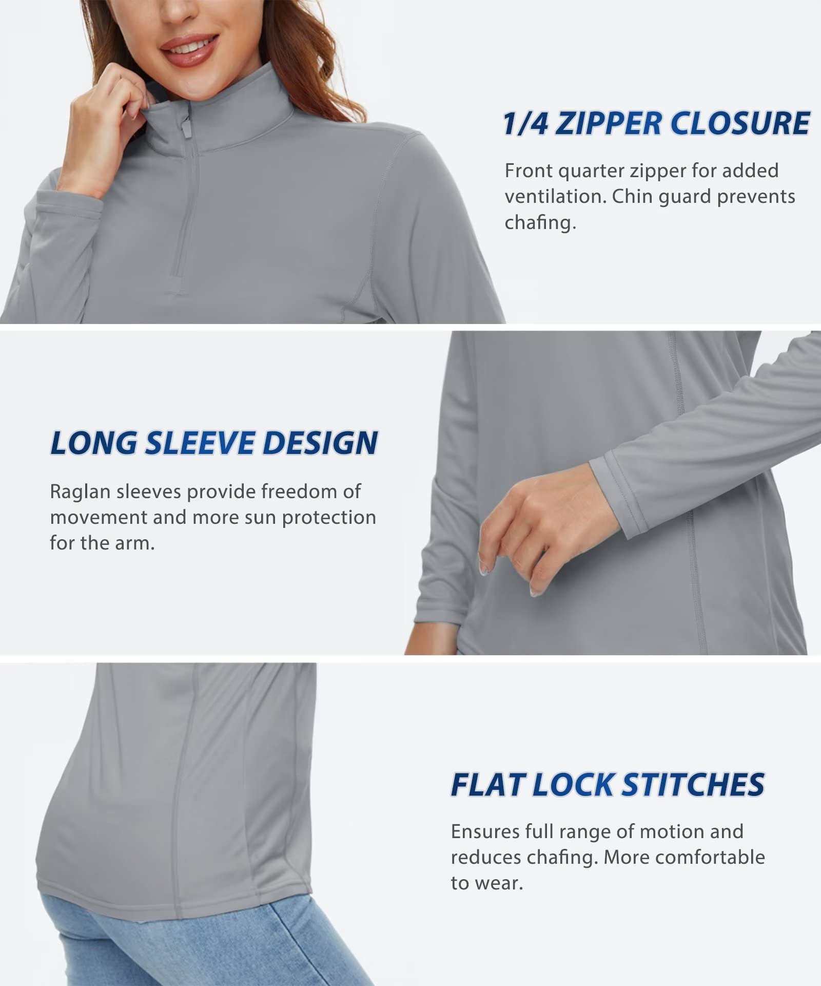 KEFITEVD UV Protection Shirts for Women Long Sleeve UPF 50+ Sun Protection Shirts Outdoor Quick Dry Hiking Shirts for Women Light Grey