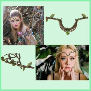 Merroyal Moon Head Chain Vintage Crystal Headpieces Hair Acessories with 2 Pairs Latex Elf Ear for Women (Green Leaf and Bronze Moon)