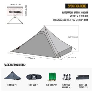 OneTigris Tetra Ultralight Tent 1-2 Person Waterproof, 3 Season, Ideal for Backpacking Camping Hiking Trekking Motorcycling bushcrafting, Travelling