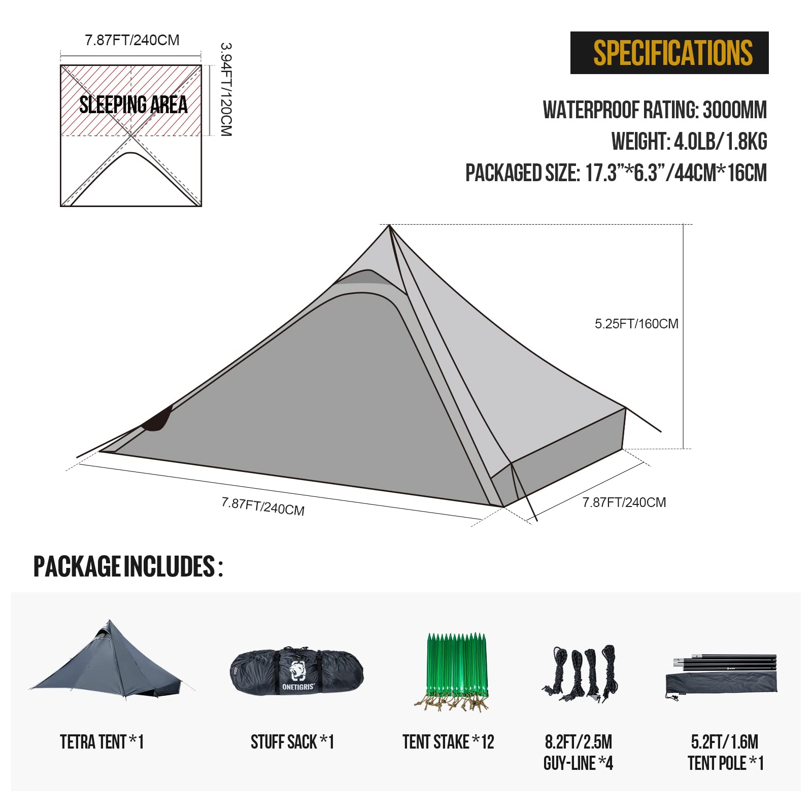 OneTigris Tetra Ultralight Tent 1-2 Person Waterproof, 3 Season, Ideal for Backpacking Camping Hiking Trekking Motorcycling bushcrafting, Travelling