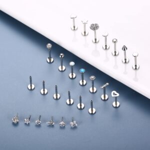 Subiceto 18G 20Pcs Threadless Push in Nose Stud Rings Lip Rings for Women Men Flat Back Earrings Cz Ball Heart Stainless Steel Silver 18G 8mm