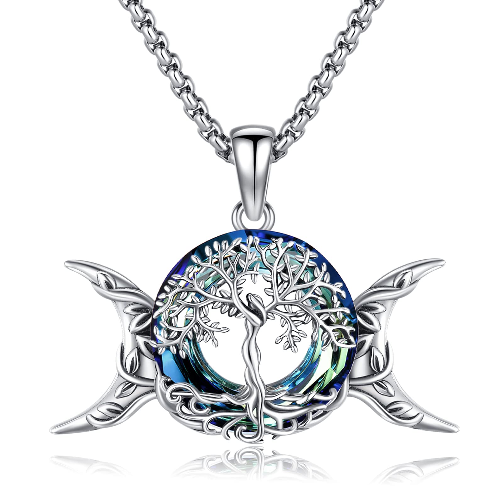 Witchy Jewelry for Women Triple Moon Goddess Necklace Blue Crystal Pendant Tree of Life Necklace Protection Wiccan Jewelry Pagan Amulet Witch Jewelry Witchcraft Female Spiritual Talisman Viking Irish