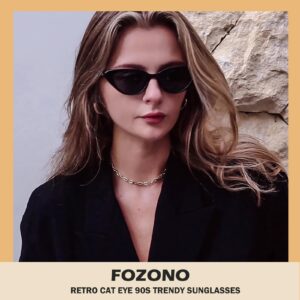 Fozono Retro Vintage Narrow Cat Eye Sunglasses for Women Men 90s Small Chic Style Trendy Sunnies UV400 Protection (Glossy Black/Grey)