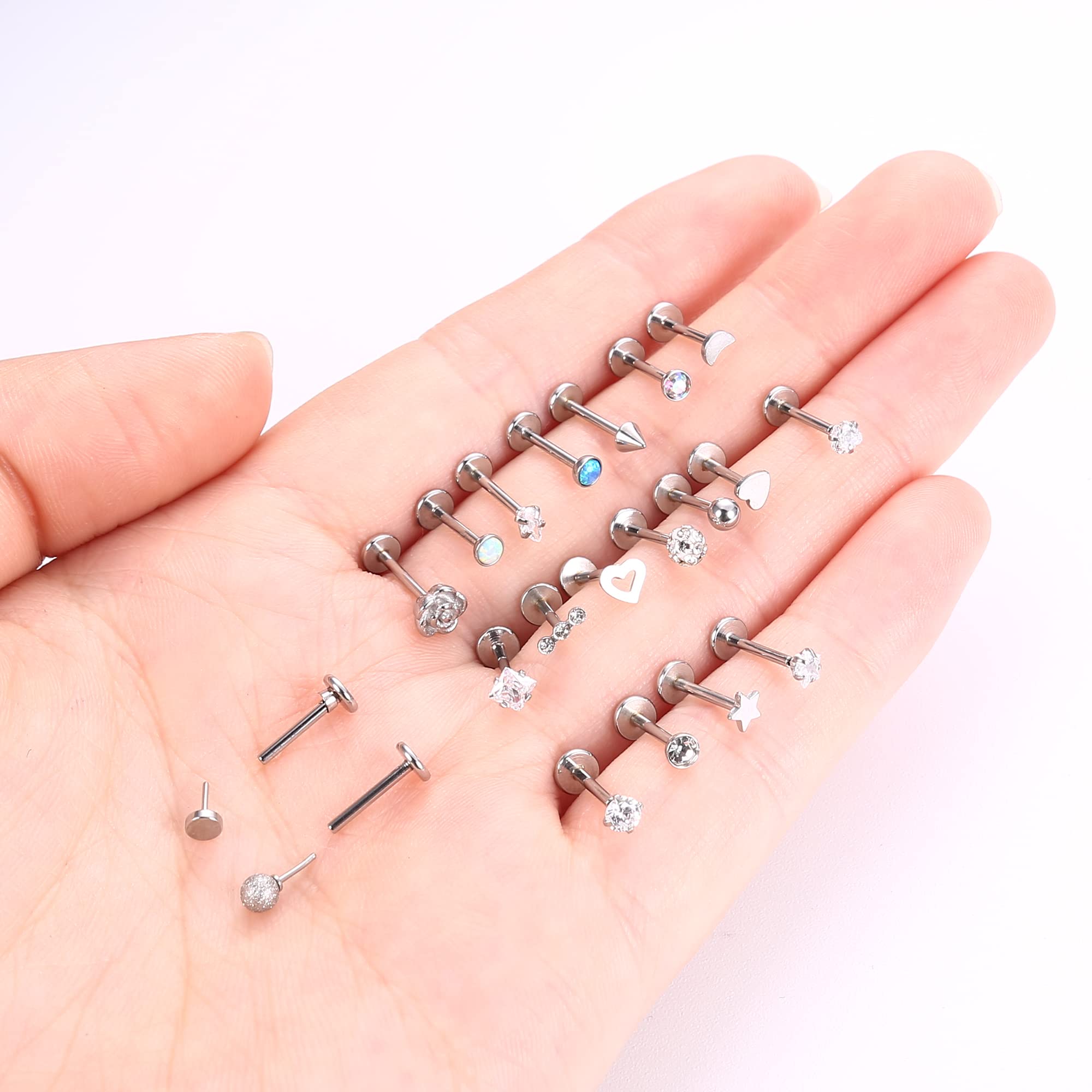 Subiceto 18G 20Pcs Threadless Push in Nose Stud Rings Lip Rings for Women Men Flat Back Earrings Cz Ball Heart Stainless Steel Silver 18G 8mm