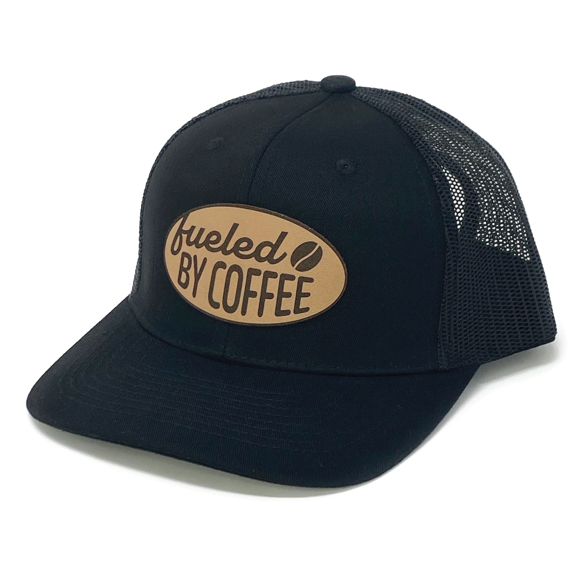 CRAVE HATS Fueled by Coffee Trucker Hat, Coffee Lover Gift, Coffee Gift for Men & Women (Black/Black)