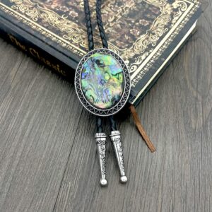 QUKE Abalone shell Pattern Bolo Tie Native Western Cowboy Genunie Leather Bola Tie Necktie for Men Women