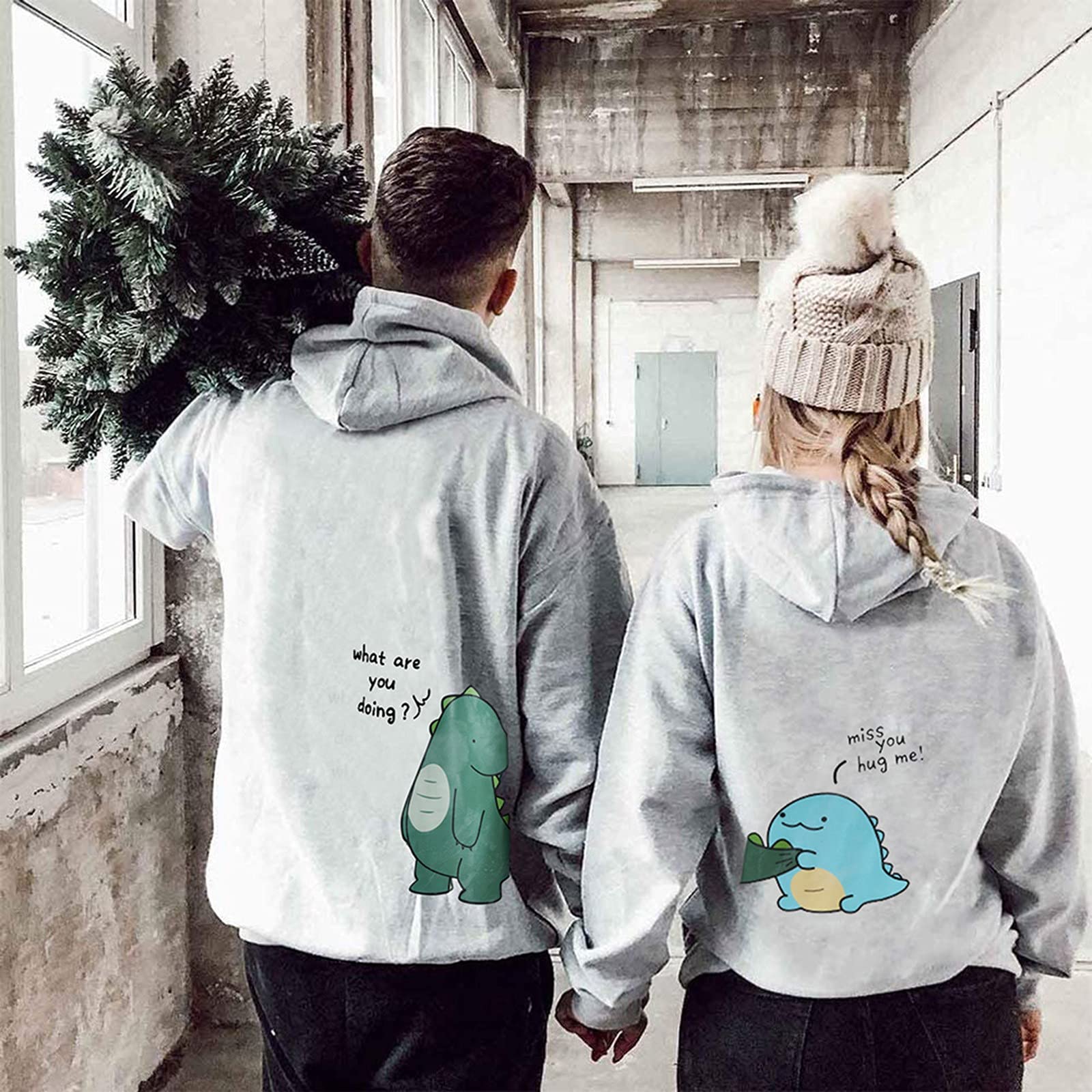 QNIHDRIZ Graphic Sweatshirts Matching Couple Sweatshirt Custom Cute Dinosaur Couple Hoodie for Boyfriend Birthdays Gift Grey