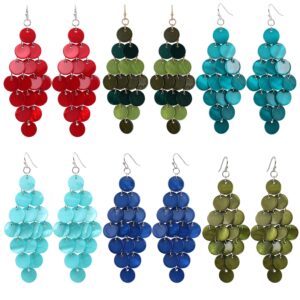 Jules D. Layered Dangling Shell Disc Beads Earring Handmade Multi Colorful Orange Red Blue Drop Chandelier Earring for Women (Blue Green)