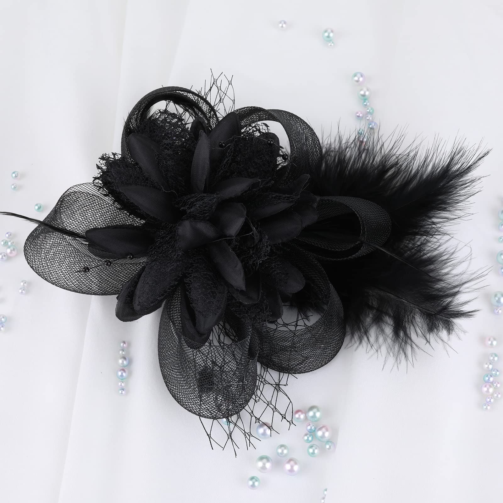 Feather Fascinators Hat for Women Wedding Headwear Flower Cocktail Church Derby Hat for Girls and Women Black