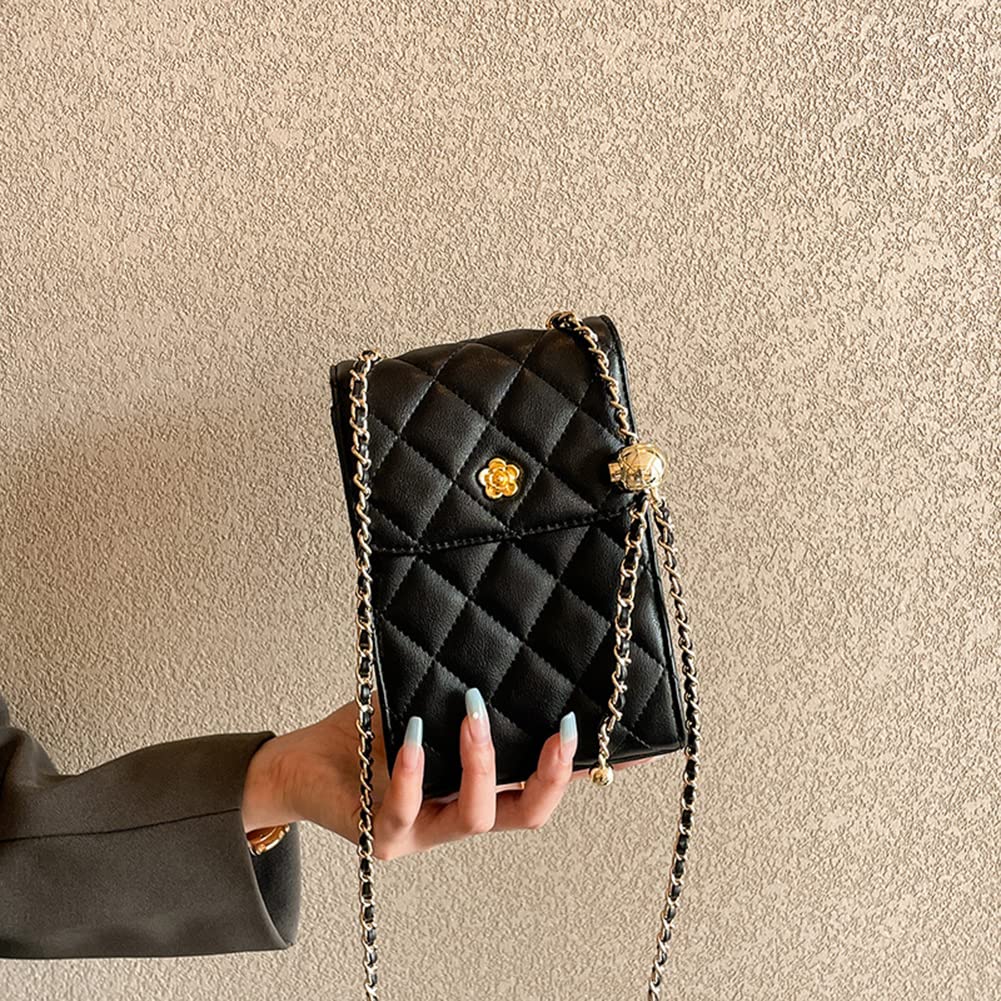 Women Quilted Square Flap Shoulder Bag Fancy Chain Strap Clutch Purse Cross-body Satchel Handbag (Black)