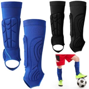 2 pairs soccer football shin guards shin pads protective kids soccer ankle guards protector kids football gear equipment with lower leg and ankle guards pads for 6-12 boys girls teenagers, blue black