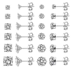 COZLANE Stainless Steel Stud Earrings For Women Men Cubic Zirconia Earrings Studs Hypoallergenic Silver Earrings Sets For Women Multipack (12 Pairs,3-8 MM)