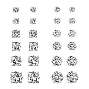 COZLANE Stainless Steel Stud Earrings For Women Men Cubic Zirconia Earrings Studs Hypoallergenic Silver Earrings Sets For Women Multipack (12 Pairs,3-8 MM)