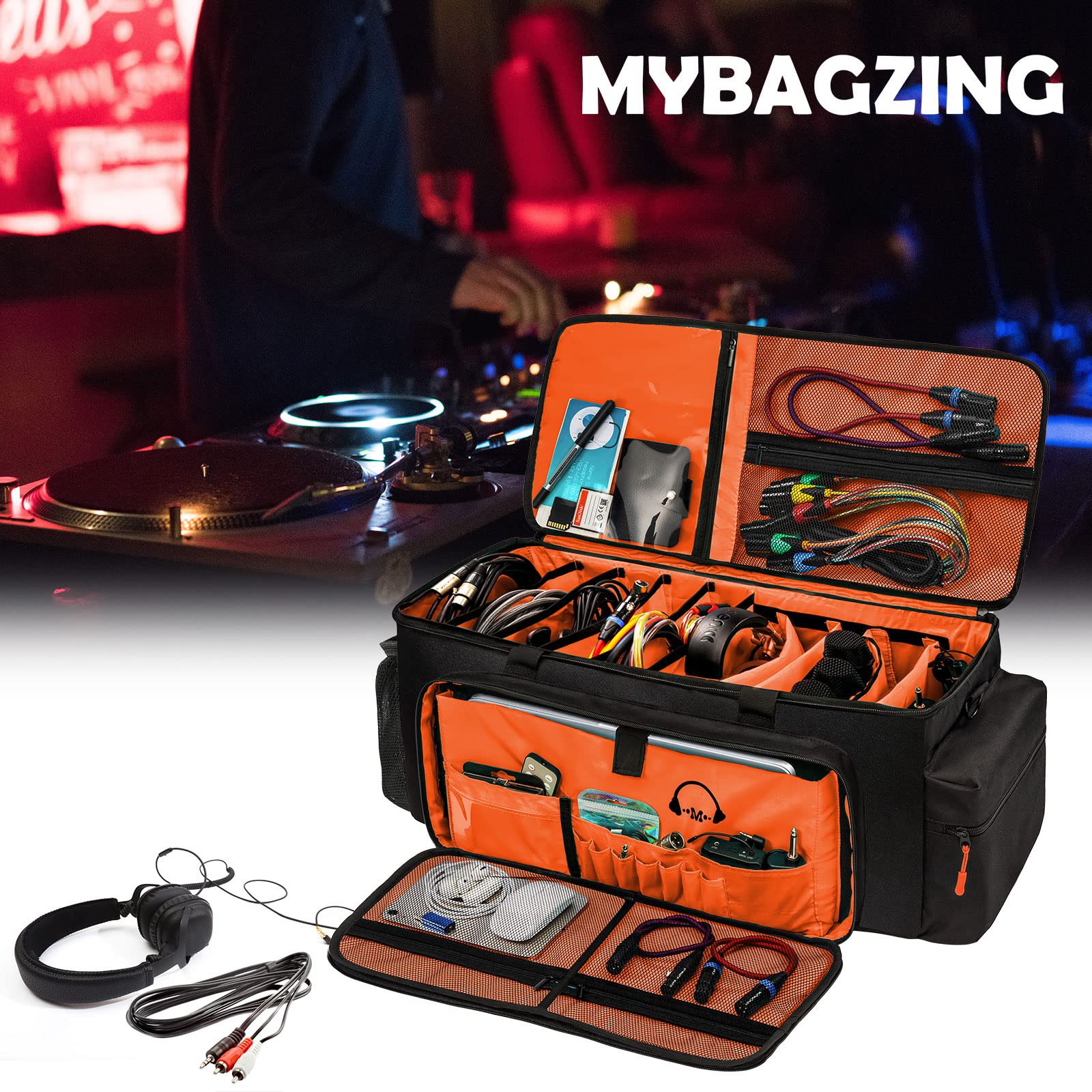 MYBAGZING Dj Cable Bag-24 Large Dj Cable File Bag-Dj Cabel Organizer Case-Travel Gig Bag-DJ Gear Bag for Dj Accessories-Dj Equipment Case with Padded Bottom and Divdiers