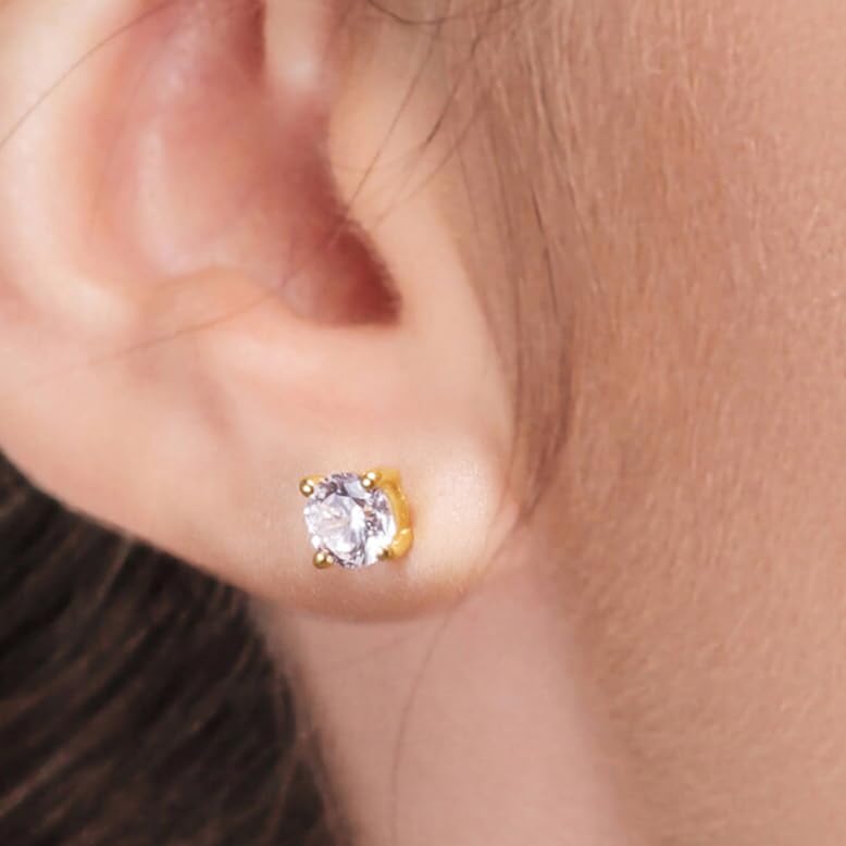 Princess Collection - "Everyday I'm Sparkling" - 5.5 mm (2.3 Carat/Pair) Cubic Zirconia 22K Gold-Plated Stud Earrings For Sensitive Ears