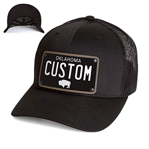 Custom Oklahoma License Plate Snapback Trucker Hat Printed on Leather Patch. Oklahoma