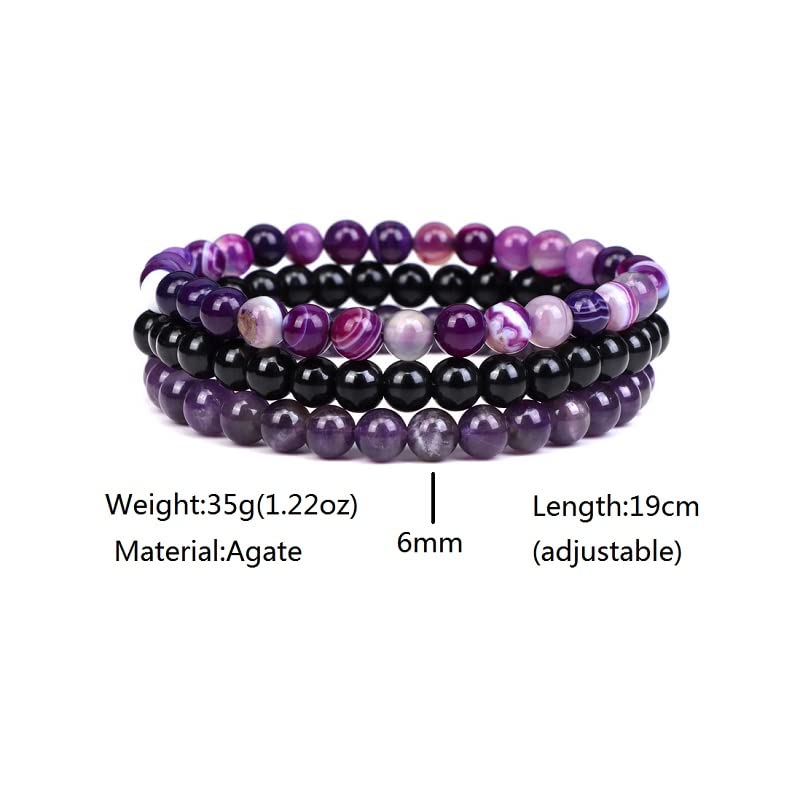 3Pcs 8mm Semi-Precious Gemstones Beaded Bracelets for Women Men Healing Crystal Stone Bracelet Stress Relief Stretch Round Beaded Elastic Luck Bracelets Unisex Friendship Jewelry Gifts-purple