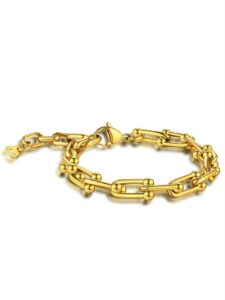 keystyle gold paperclip chain bracelet for women, 18k gold u shaped link bracelets for wife fiancee, 21cm