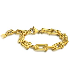 KeyStyle Gold Paperclip Chain Bracelet for Women, 18k Gold U Shaped Link Bracelets for Wife Fiancee, 21cm