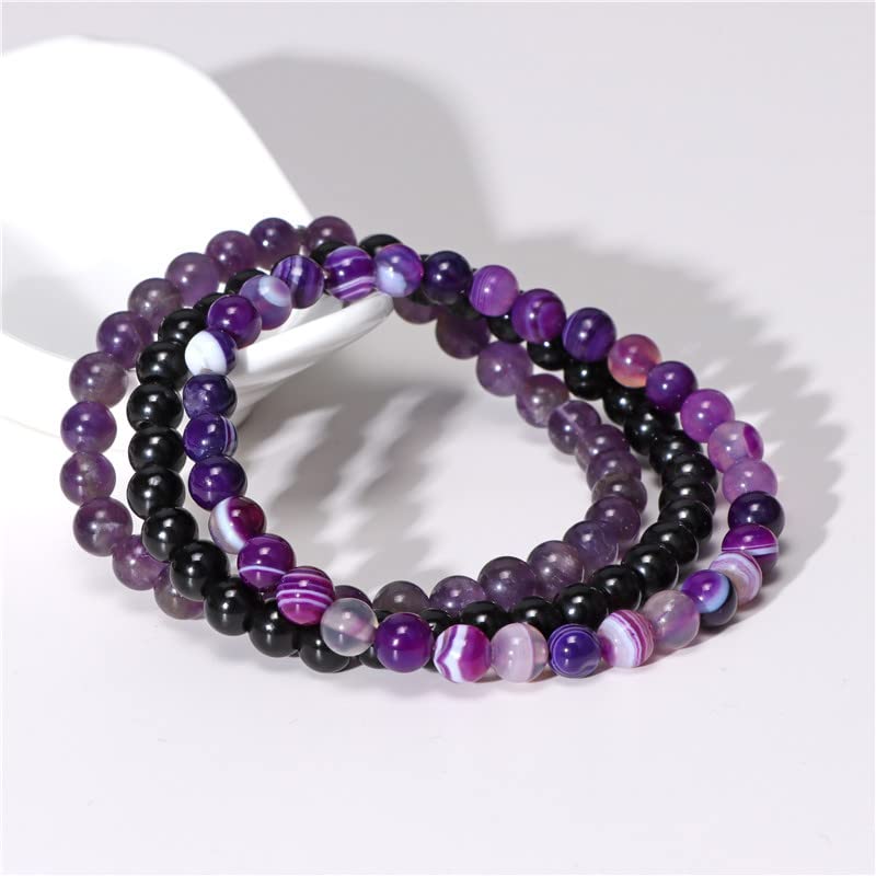 3Pcs 8mm Semi-Precious Gemstones Beaded Bracelets for Women Men Healing Crystal Stone Bracelet Stress Relief Stretch Round Beaded Elastic Luck Bracelets Unisex Friendship Jewelry Gifts-purple